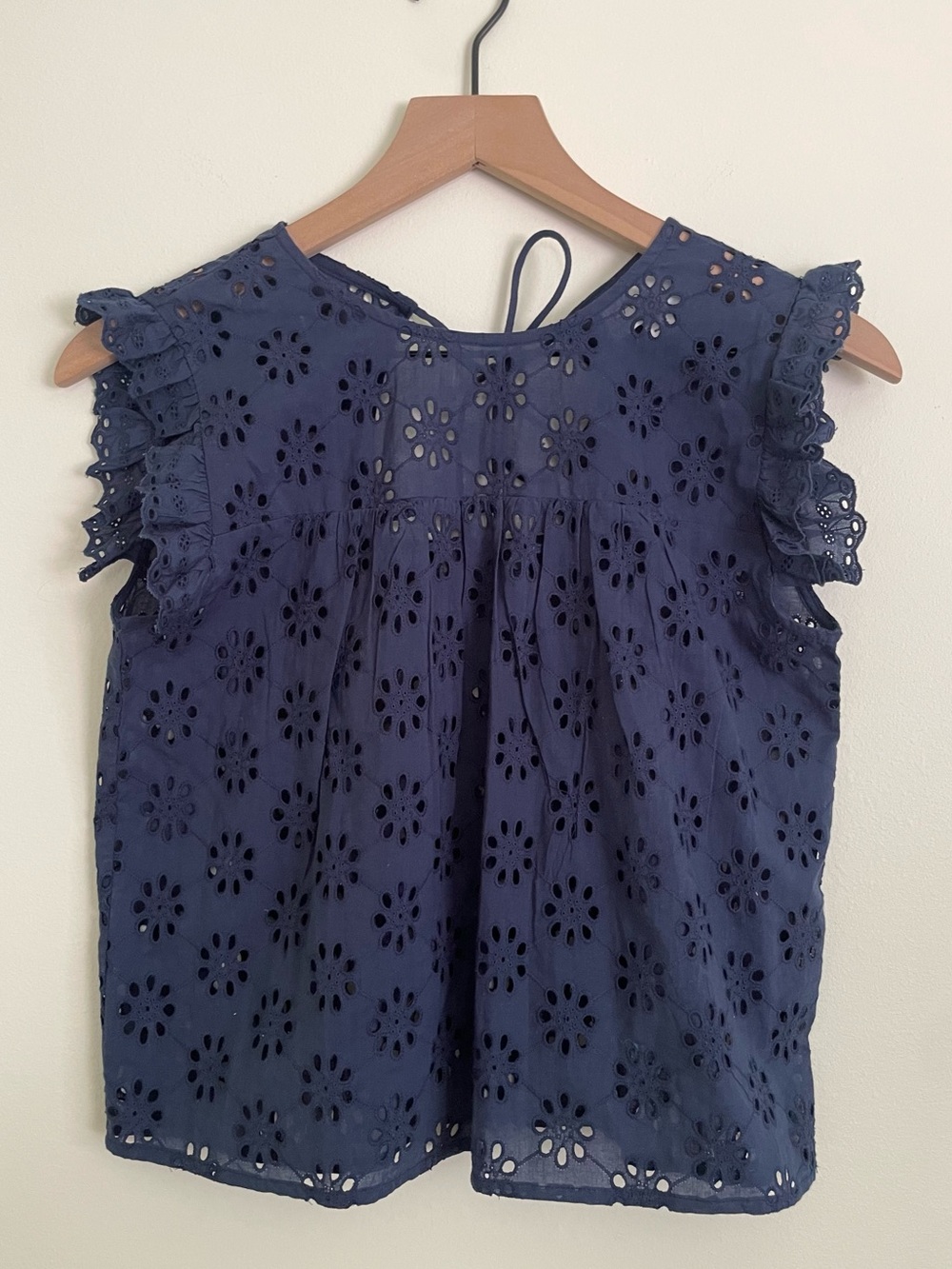Junior’s Navy Cotton Eyelet Flutter Sleeve Blouse